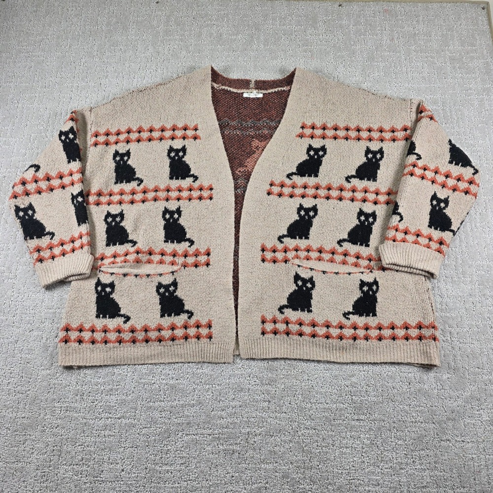 Maurices Womens 2X Black Cat Pattern Open Front Cardigan Sweater Tan Orange Knit